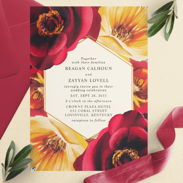 Invitations En Vélin Mariage géométrique Gras rouge et jaune (Créateur téléchargé)