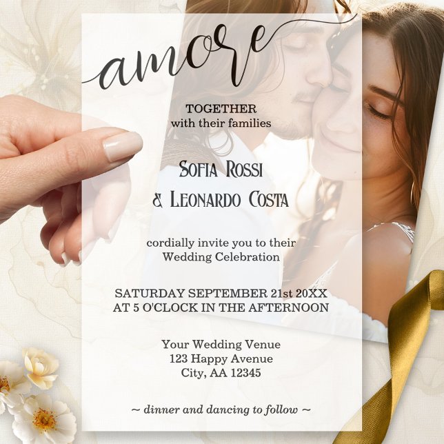 Invitations En Vélin Mariage italien élégant Amore Script (Elegant vellum wedding invitation overlay featuring an Italian "amore" script.)