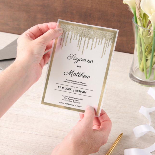 Invitations En Vélin Mariage luxe paillettes d'or noir gouttes (Ordinateur de poche)