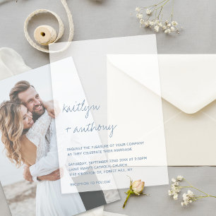 Invitations En Vélin Mariage minimaliste bleu poussiéreux écriture mode
