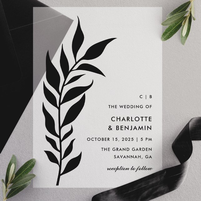 Invitations En Vélin Mariage Moderne à Arche de Feuille Noire (Créateur téléchargé)