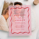 Invitations En Vélin Mariage moderne à cadre rose et rouge<br><div class="desc">Présentant notre faire-part de mariage moderne en velours rose et rouge Wavy Frame, où le style boho et le charme rétro s'unissent dans une célébration parfaite de l'amour. Le lettrage rouge audacieux danse à travers l'arrière - plan vellum rose pâle, encadré par un design ondulé d'inspiration vintage qui apporte une...</div>
