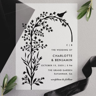 Invitations En Vélin Mariage Moderne Oiseau Noir et Branche