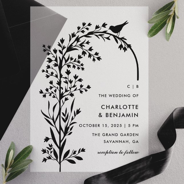 Invitations En Vélin Mariage Moderne Oiseau Noir et Branche (Créateur téléchargé)