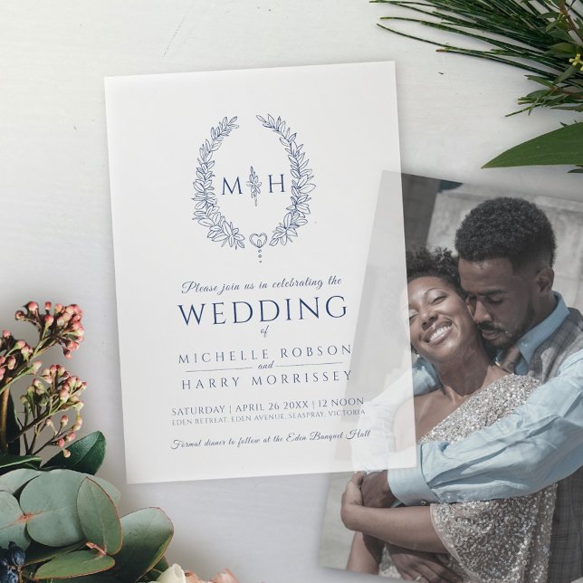 Invitations En Vélin Mariage monogramme bleu ovale (Créateur téléchargé)