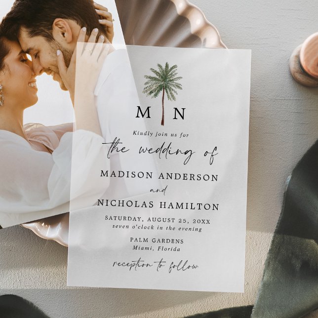 Invitations En Vélin Mariage Monogramme minimal Palm Tree (Créateur téléchargé)