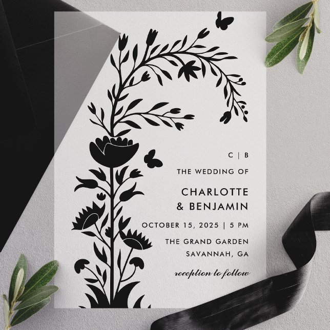 Invitations En Vélin Mariage papillon floral noir moderne (Créateur téléchargé)