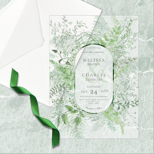 Invitations En Vélin Mariage rustique aux feuillages verts et blancs (Rustic Fern Green Foliage White Wedding Vellum Invitation)