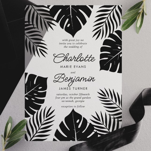 Invitations En Vélin Mariage Tropical Monstera Noir (Créateur téléchargé)