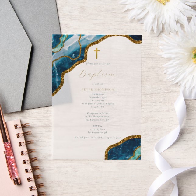 Invitations En Vélin Marine Blue Geode Agate Gold Cross Baptême (Mariage)