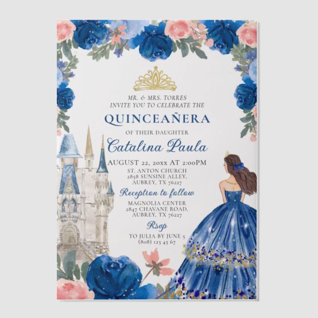 Invitations En Vélin Marine Blue Rose Gold Tiara Princess Quinceañera (Recto)