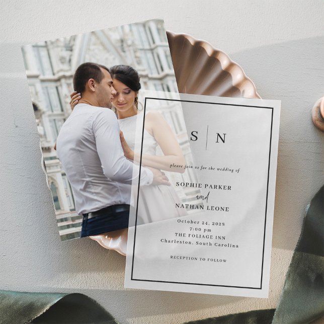 Invitations En Vélin Minimal et chic | Mariage frontalier noir Monogram (Créateur téléchargé)