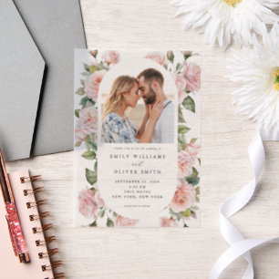 Invitations En Vélin Moderne Elegant Blush Rose Floral Photo Mariage