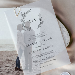 Invitations En Vélin Monogramme à feuilles minimes vert Boho Mariage mo