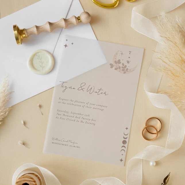 Invitations En Vélin Monogramme de la lune et des étoiles célestes mini (Minimal Celestial Holistic Moon & Stars Monogram Vellum Invitations)