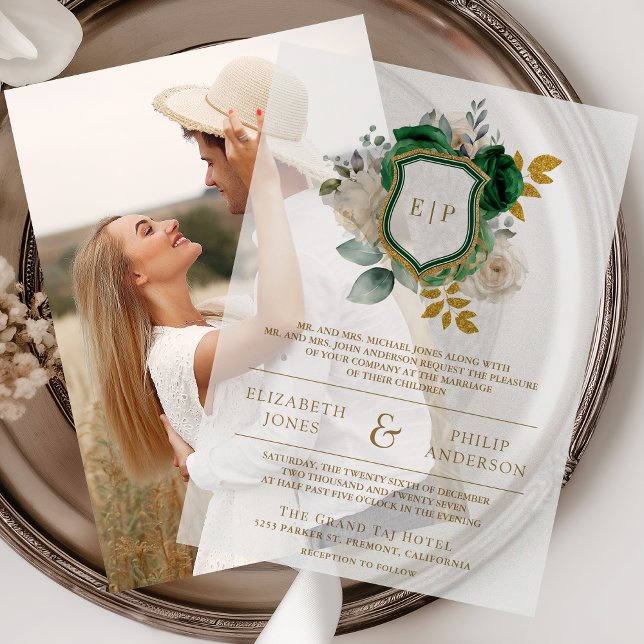 Invitations En Vélin Monogramme de mariage à motif floral vert émeraude (Créateur téléchargé)
