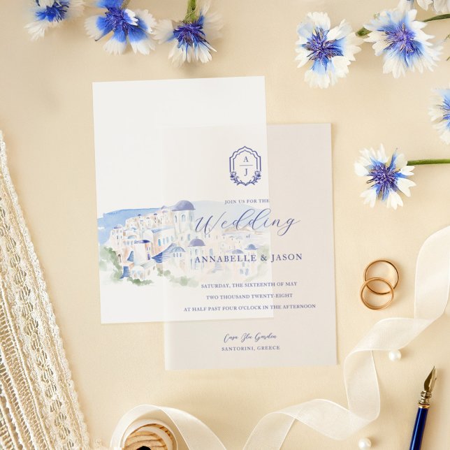 Invitations En Vélin Monogramme floral Crest Minimal Élégant Mariage bl (Floral Monogram Crest Minimal Elegant Blue Wedding Vellum Invitations)