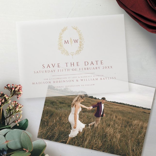 Invitations En Vélin Monogramme ovale or rouge foncé enregistrer la dat (Créateur téléchargé)