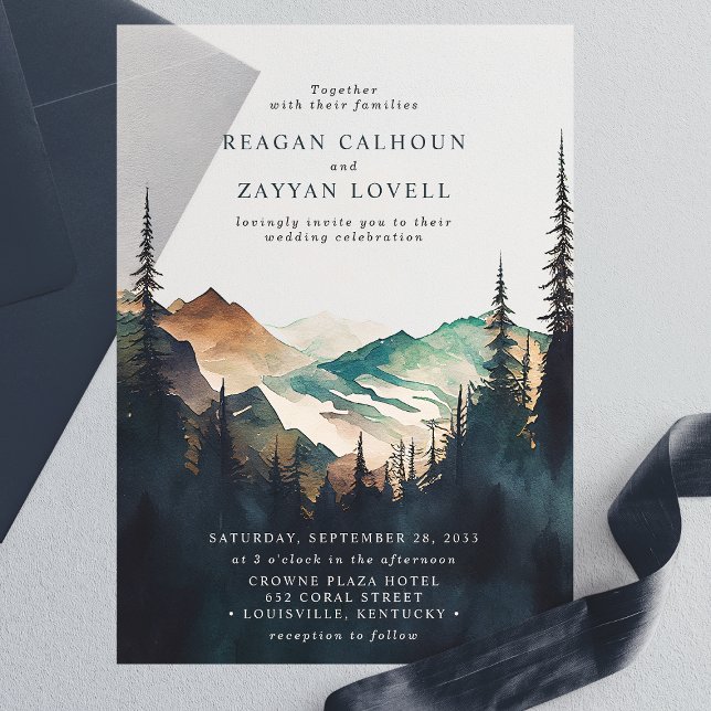 Invitations En Vélin Montagnes D'Aquarelle Et Mariage De Forêt De Pins (Créateur téléchargé)