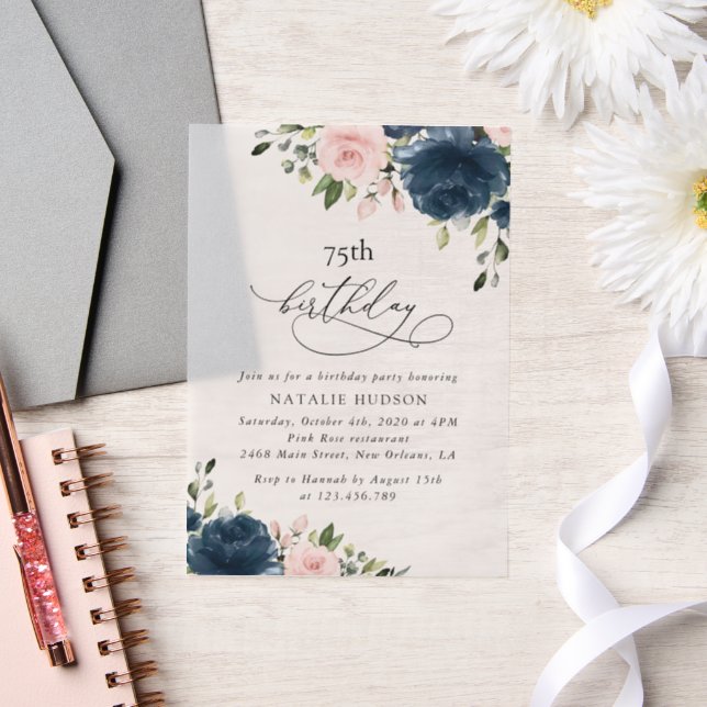 Invitations En Vélin Navy Blue Flowers, Pink Flowers, Boho, Birthday (Mariage)