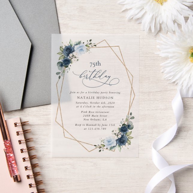 Invitations En Vélin Navy Flowers, Blue Flowers, Greenery, Birthday (Mariage)