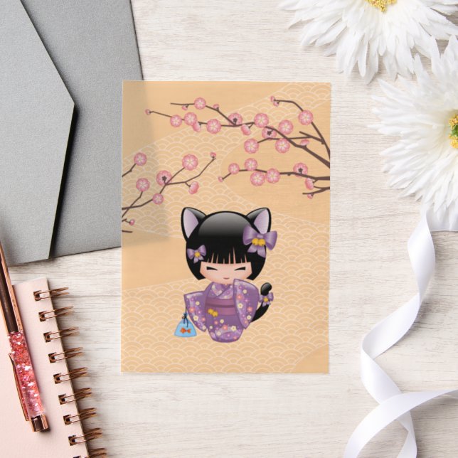 Invitations En Vélin Neko Kokeshi Cat Ears Geisha Girl Yellow Insert (Mariage)