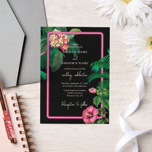 Invitations En Vélin Neon Pink Tropical Retro Botanical Mariage (Mariage)