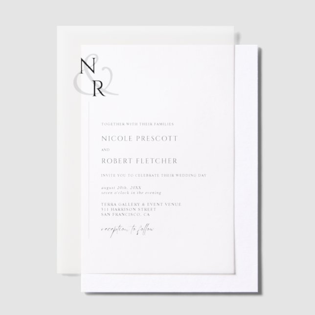 Invitations En Vélin Noir & Blanc Moderne Élégant Mariage Monogramme (Compenser)