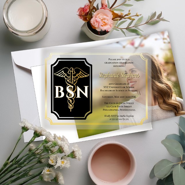 Invitations En Vélin Noir élégant | Gold Nurse BSN Graduation Party (Elegant Black and Gold Tone Nurse BSN Graduation Announcement and Party Invitation )
