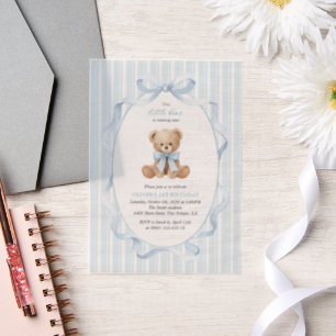 Invitations En Vélin Nounours, Nœud Bleu, Rayures Bleues, Premier Anniv