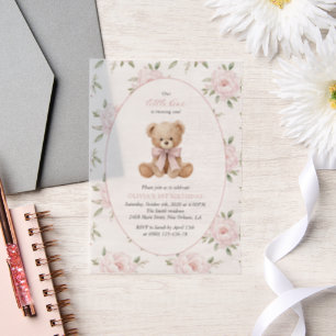 Invitations En Vélin Nounours, Nœud Rose, Fleurs Roses, Premier Anniver