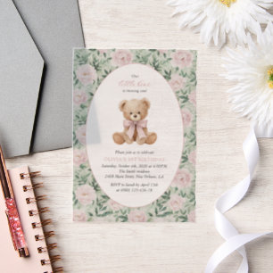 Invitations En Vélin Nounours, Nœud Rose, Fleurs Roses, Premier Anniver