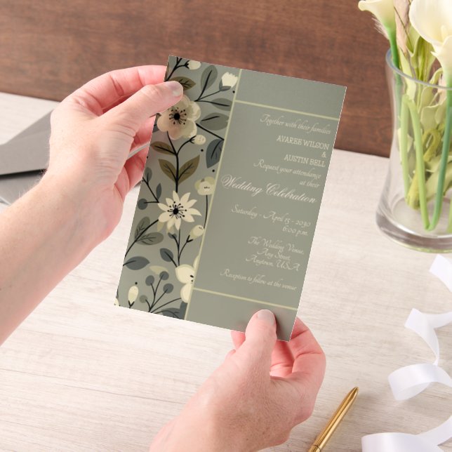 Invitations En Vélin Olive Green and Champagne Floral Framed  Wedding (Ordinateur de poche)