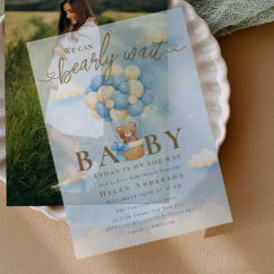 Invitations En Vélin On peut attendre bleu Teddy Bear Baby shower