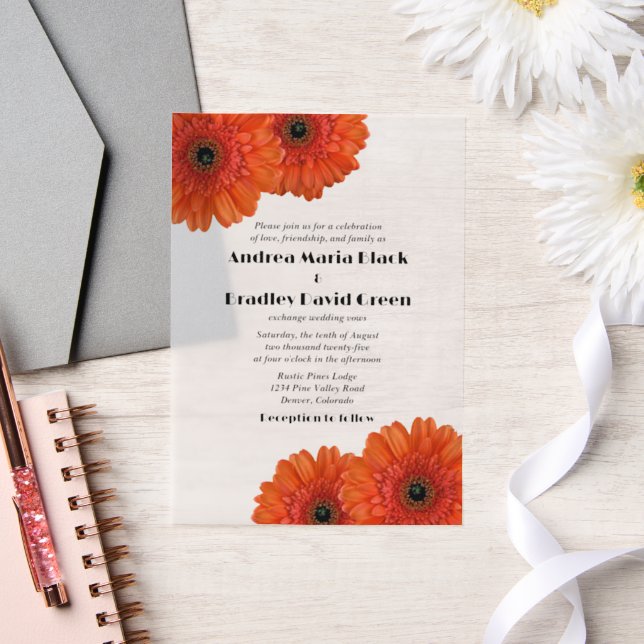 Invitations En Vélin Orange Gerbera Gerber Daisy Flower Mariage (Mariage)