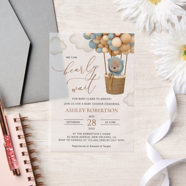Invitations En Vélin Ours, Ballons Bleus, Ballons à Air Chaud, Baby sho (Mariage)
