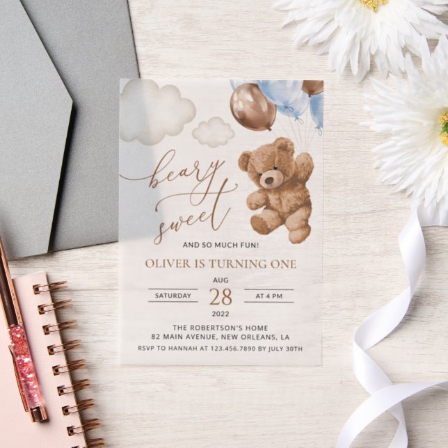 Invitations En Vélin Ours En Joue, Ballons Bleus, Premier Anniversaire (Mariage)