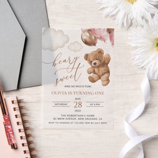 Invitations En Vélin Ours En Joue, Ballons Roses, Premier Anniversaire (Mariage)