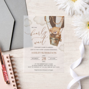 Invitations En Vélin Ours en peluche, Ballon Brown à air chaud, Baby sh