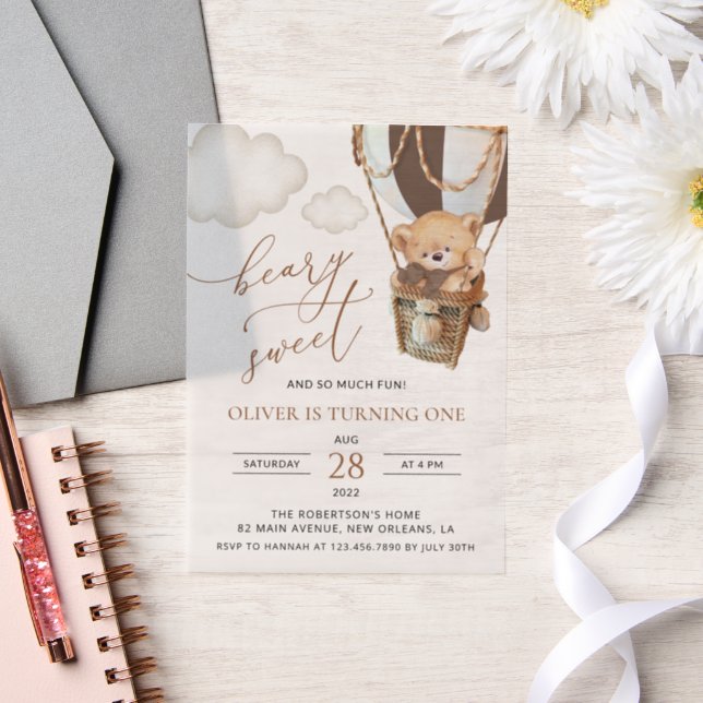 Invitations En Vélin Ours en peluche, ballon Brown à air chaud, premier (Mariage)