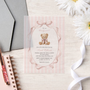 Invitations En Vélin Ours en peluche, Nœud rose, Rayures roses, Baby Sh