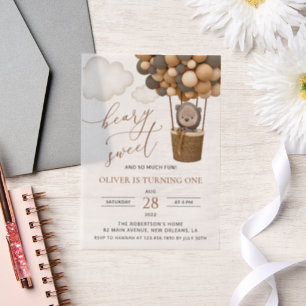 Invitations En Vélin Ours mignon, Ballons Brown, Premier anniversaire