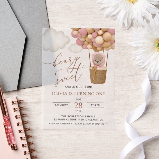 Invitations En Vélin Ours mignon, Ballons roses, Premier Anniversaire (Mariage)