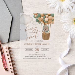 Invitations En Vélin Ours mignon, Ballons verts, Premier anniversaire