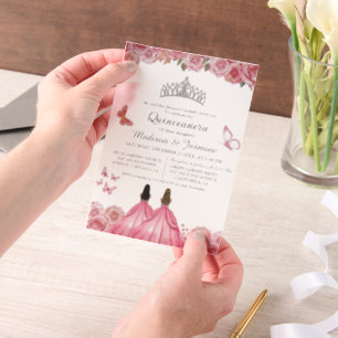 Invitations En Vélin Papillon rose Royal Floral Twin Quinceanera