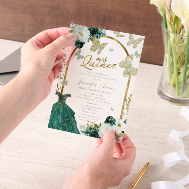 Invitations En Vélin Papillon Vert Quinceanera Espagnole (Ordinateur de poche)