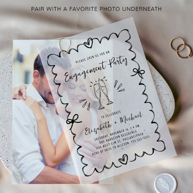 Invitations En Vélin Partie d'engagement de superposition de cadre vagu (Elevate your engagement party invitations with chic vellum overlays)