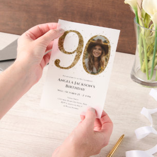 Invitations En Vélin Parties scintillant d'or 90e photo d'anniversaire 