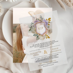Invitations En Vélin Pastel Purple Floral Monogram Crest Mariage