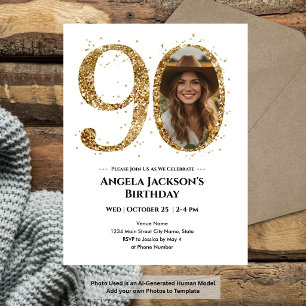 Invitations En Vélin Photo Anniversaire Adulte 90 Ans Paillettes Dorées
